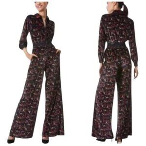 Alice + Olivia Danae ditzy floral print Smocked velvet jumpsuit Wideleg Size 4